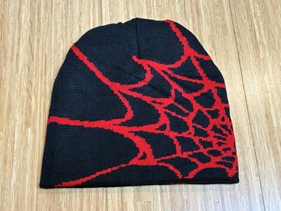 Spider Web Beanie Schwarz Rot Y2K Gothic Emo Streetwear Unisex Strickmütze