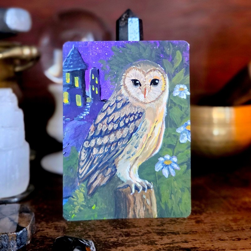 ACEO Original magical owl familiar night garden witch celestial ooak bird