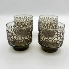 Vintage Set of 4 Libbey Prado Tawny Brown Swirl Short Juice Glasses Stackable