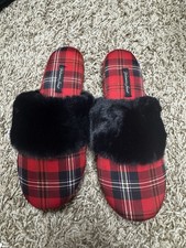 Victorias Secret Red Plaid Faux Fur Satin Slide Slippers Womens Size Small 5-6