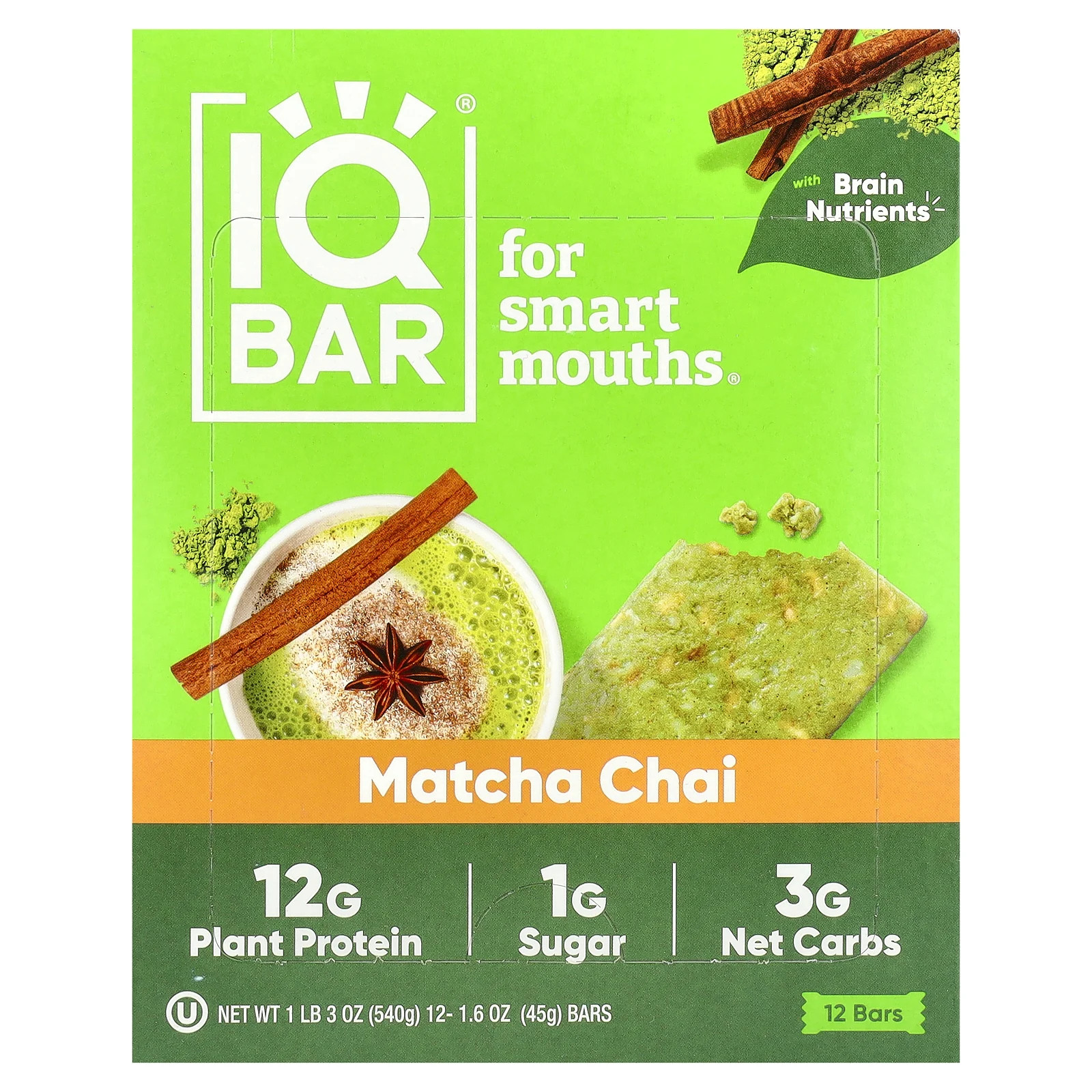 Plant Protein Bar Matcha Chai 12 Bars 16 oz 45 g Each 5090₽