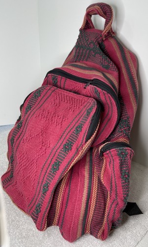 Pinzon Mexican Large Fuchsia Pink Red Woven Cotton Backpack 4 Zip Pockets EUC - Picture 3 of 14