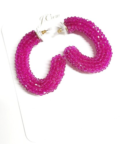 J.Crew Woven Beaded Drop Hoop Earrings Festival Pink Hypoallergenic BO837 NWT - Picture 2 of 14