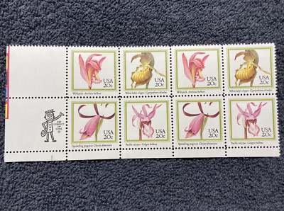 Stamps, Block of 8 USA Native Orchids, 1984, Scott #2076-2079, MNH
