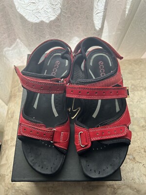 ECCO Red Nubuck Leather 3 Adjustable Straps Comfort Flat Sandals Size 38 US 7