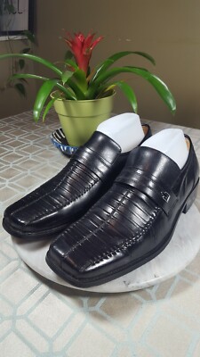 J.Bosco Black Leather Slip On Across Strap Square Toe Dress Shoes