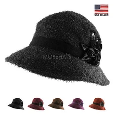 Shaggy Dressy Cloche Bucket Packable Church Warm Winter Hat with Flower Trim