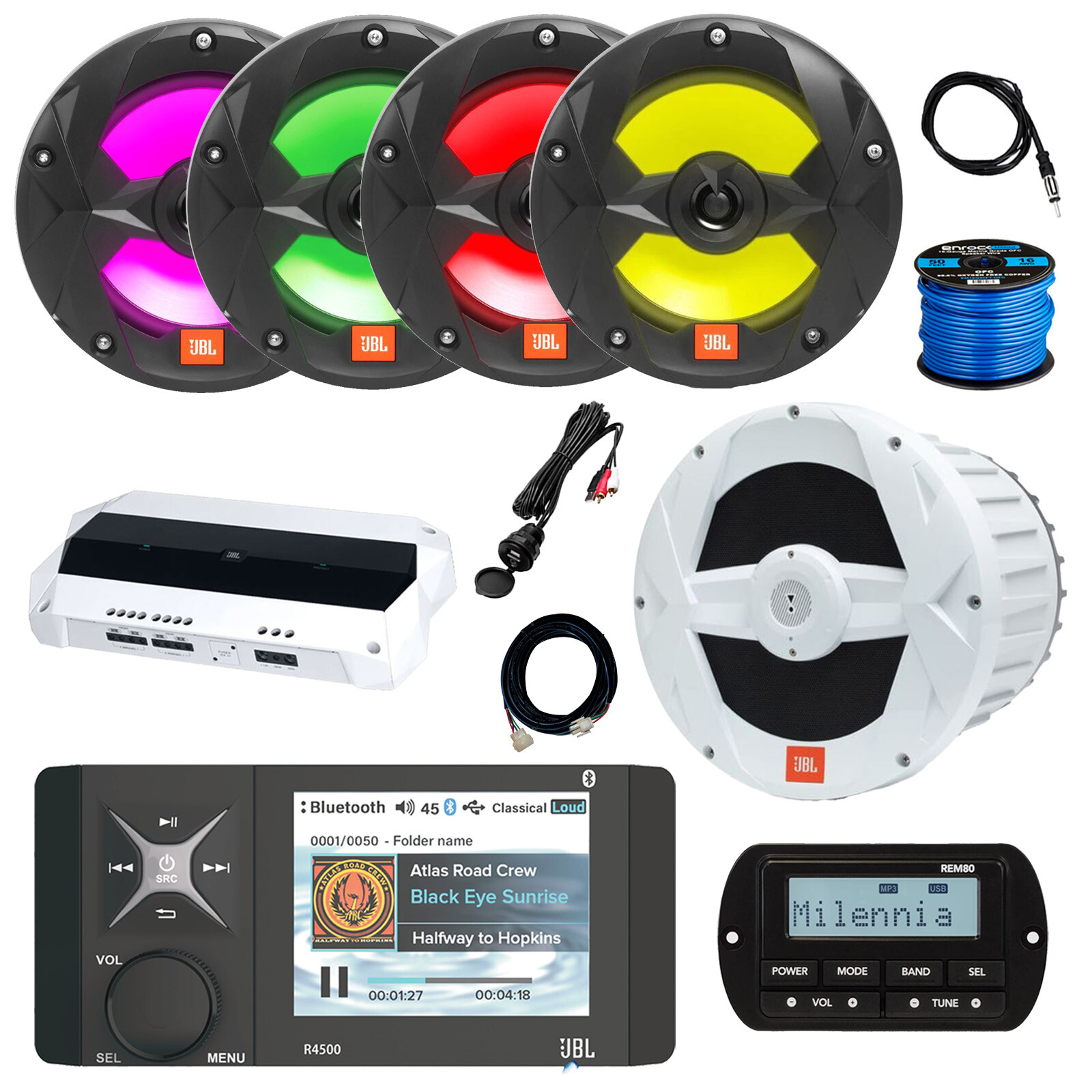 JBL R4500 Marine Receiver w/Remote, Amp, Accessories, Sub, 4x 6.5