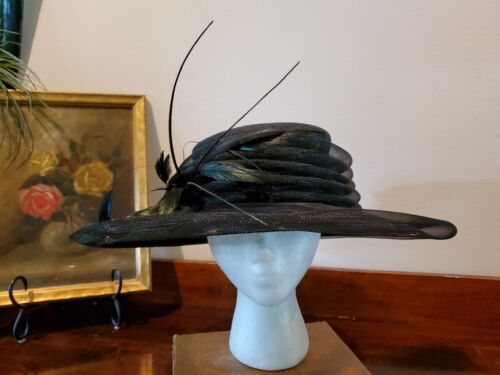 Vintage St. Michael Marks & Spencer Italy Black Straw Hat Large Feathers 22 3/4" - Picture 1 of 12