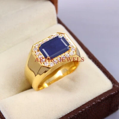 Chauffé Saphir Bleu Gemme Plaqué Or 925 Argent Sterling Homme Bague #5433 - Photo 1/3