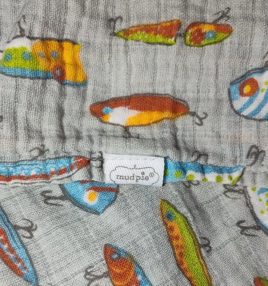 Mud Pie Fish Fishing Bait Gray Baby Swaddle Blanket Lovey Lightweight Cotton - Image 3 of 3