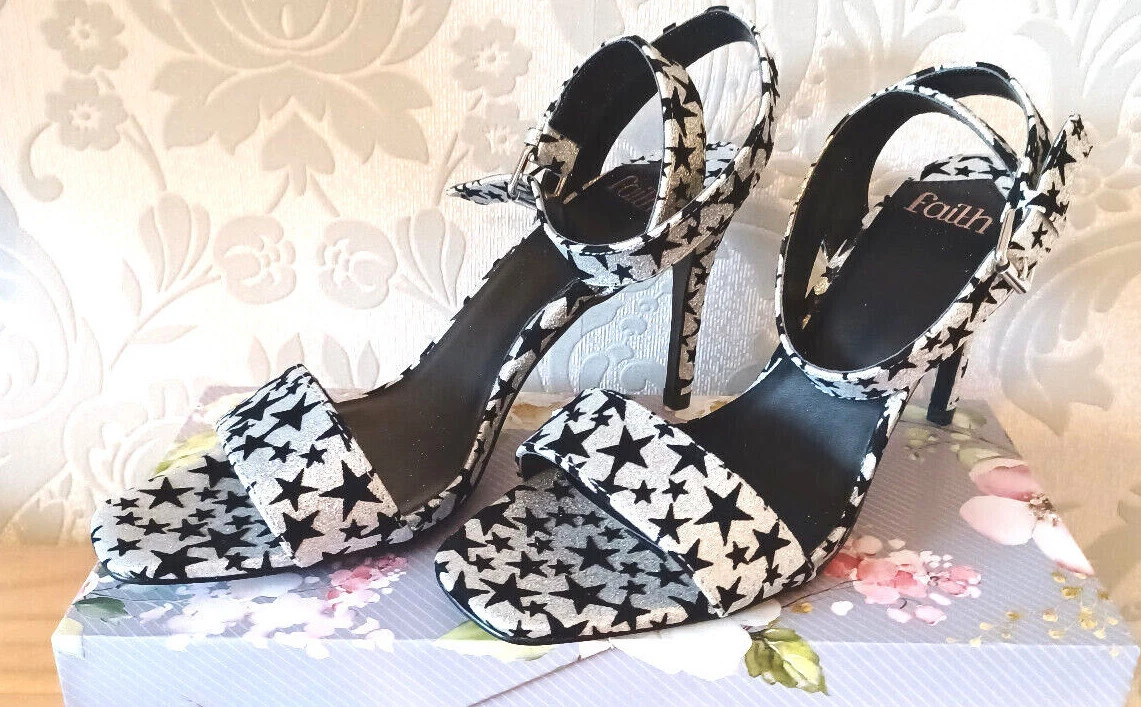 FAITH Silver Sparkle Black Velvet Feel Star Design Ankle Open