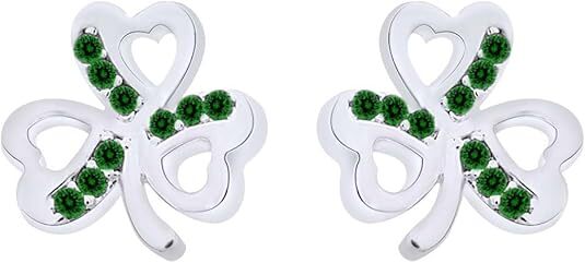 Curved Shamrock Stud Earrings with Simulated Emerald in 925 Sterling Silver