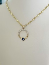 14k Solid Gold Blue Evil Eye Pendant Enamel Charm Bad Eye Necklace, with CZ