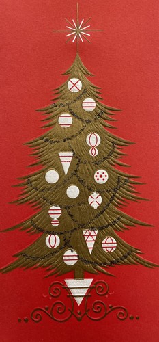 50s MCM CHRISTMAS Tree Ornaments Gold Embossed Vtg XMAS Card USED