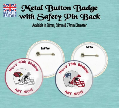 PERSONALISIERTES GEBURTSTAGSABZEICHEN AMERICAN FOOTBALL TEAMS PACKERS GIANTS CARDINALS 
