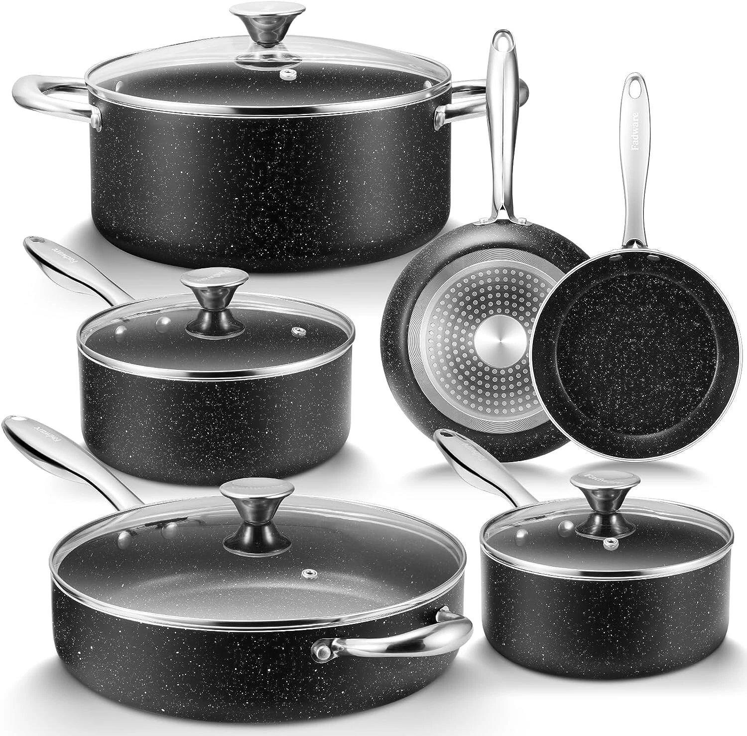 10-Piece Induction Pots Set Black Marble Non-Stick Frying Pan Saucepan Stockpot