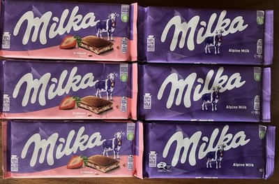 Lot Of 6 Milka Bars ~ 3 Alpine Milk Chocolate & 3 Strawberry Milk Chocolate