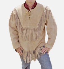 Men Native Western Cowboy Style Suede Leather Jacket Buckskin Shirt with Fringes