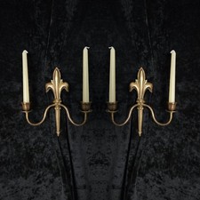 Decorative Pair Antique French Fleur De Lis Brass 2 Arm Candle Wall Lights