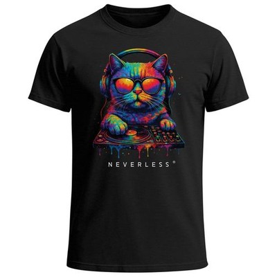 Herren T-Shirt DJ Katze Musik Print Festival EDM Shirt mit Katzenmotiv am