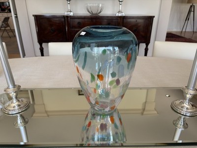 Art Glass Vase. Hand Blown. Clear With Flecks of Color. 10.75  Tall.  NWT