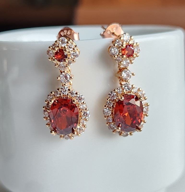 925 Sterling Silver 7x9mm Oval Garnet Sapphire Drop 1'' Earrings Rose Gold-Plate