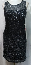New ADRIANNA PAPELL Size 4 Black Sequin Mini Dress Padded Bust Built in Slip