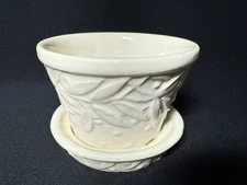 Vintage McCoy Pottery Planter Raised Relief Leaves And Berries w/Attached Saucer