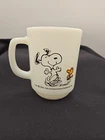 Vintage Fire King Peanuts Snoopy & Woodstock 1965 Milk Glass Mug Dancing