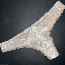 NWT Victoria's Secret L THONG Panty beige Velour Velvet Floral Lace Dream Angels