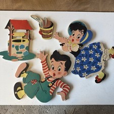 VTG 1950s Dolly Toy Co Mother Goose Pin-Ups Jack Jill 4-Piece Nursery Decor