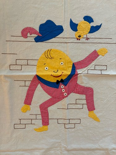 VTG whimsical Humpty Dumpty handmade wall hanging baby’s nursery rhyme tea towel