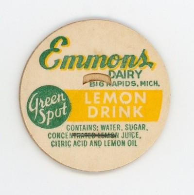 Milk Bottle Cap - Emmons Dairy - Big Rapids, MI (Michigan)- Green Spot - LEMON