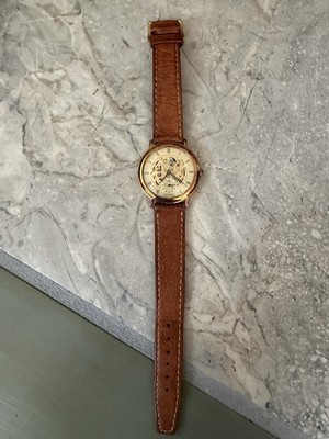 AXCESS Skeleton Dial Quartz Dress Watch Gold Tone Brown Leather Strap Roman 35mm