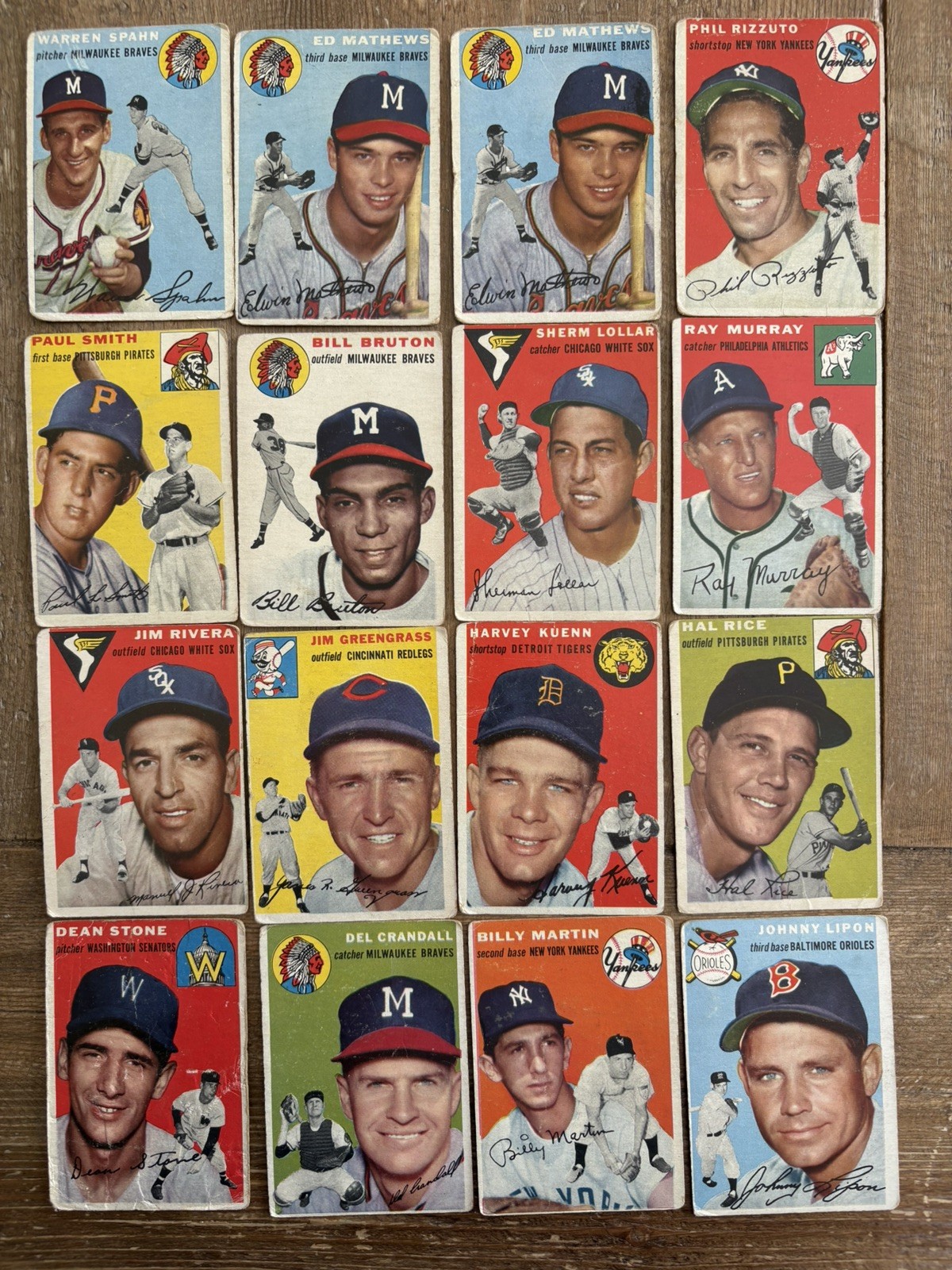 1954 Topps Baseball Lot of 16 w/HOFers- Spahn, Mathews, Rizutto - lower grade