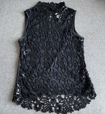 Caché Y2K Beaded Sequin Sleeveless Patty Top Women s Size Small Black