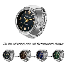 Men Women Round Color Changing Dial Finger Watch Elastic Band Quartz Ring Watch