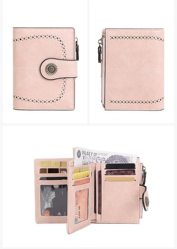 RFID Women's Short Wallet, Oil Wax Leather Coin Purse, Card Holder - Picture 9 of 18