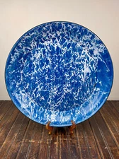 Antique Blue & White Graniteware Splatterware Platter – 18" Marbled Enamelware