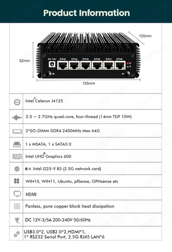 6x Intel i225 2.5G pfSense Firewall Router Celeron J4125 Quad Core 2*DDR4 6x2500 - Picture 10 of 17