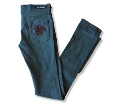 LOVE MOSCHINO Women Coated Slim Jeans Heart Patch Pocket Logo Wash Effect Sz 25
