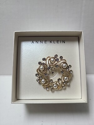 Anne Klein Wreath Brooch VTG 1990 Pin Faux Pearls Rhinestones
