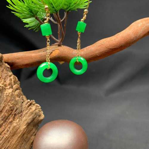 Natural Lucky Jadeite Jade Earrings 18k Hook Eardrop Party Beautiful Gift - Picture 1 of 4