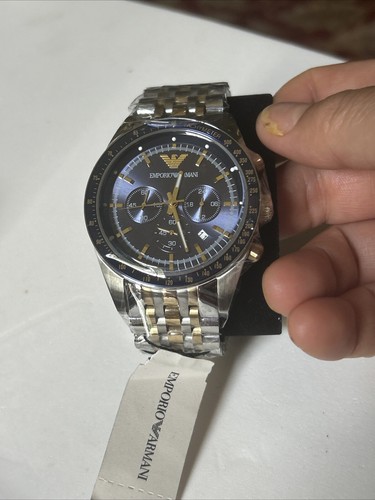 Emporio Armani Navy Blue Dial Chronograph Silver Gold Tone Men's Watch - Picture 5 of 16