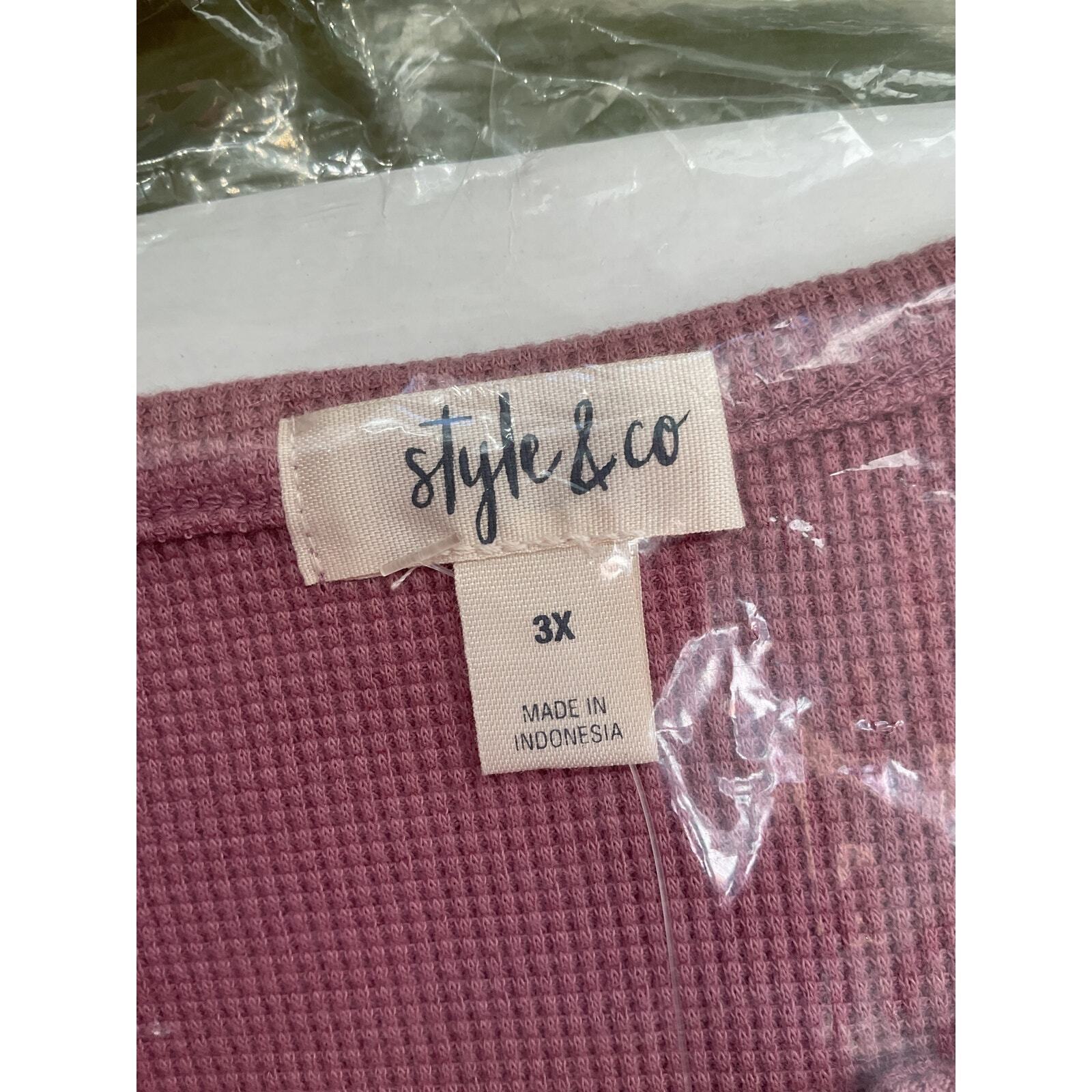 Style Co V Neck Waffle Knit Long Sleeve Tee 3XL Smoked Rose NIP 