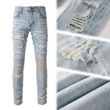 Skinny Jeans for Men with Rhinestone Patches, Distressed Holes  Washed Fade