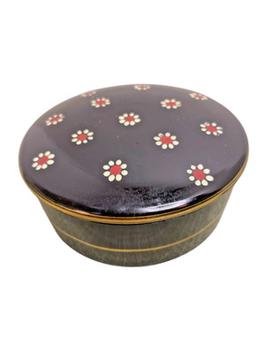 vintage black lacquer dresser or trinket box small red white flowers 4'' x 1.5''