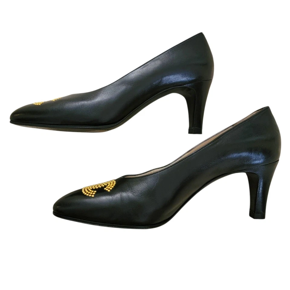 Chanel Vintage Black Leather Pumps Gold Beaded CC Logo Heels 36.5 / US 6 - Image 4 of 4