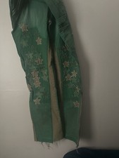 Green Denim Women's Jeans Embroidered Star Accents Distressed Patch Pockets